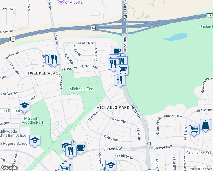 map of restaurants, bars, coffee shops, grocery stores, and more near in Edmonton