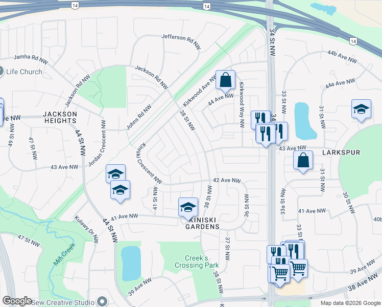 map of restaurants, bars, coffee shops, grocery stores, and more near 349 Kirkpatrick Crescent Northwest in Edmonton