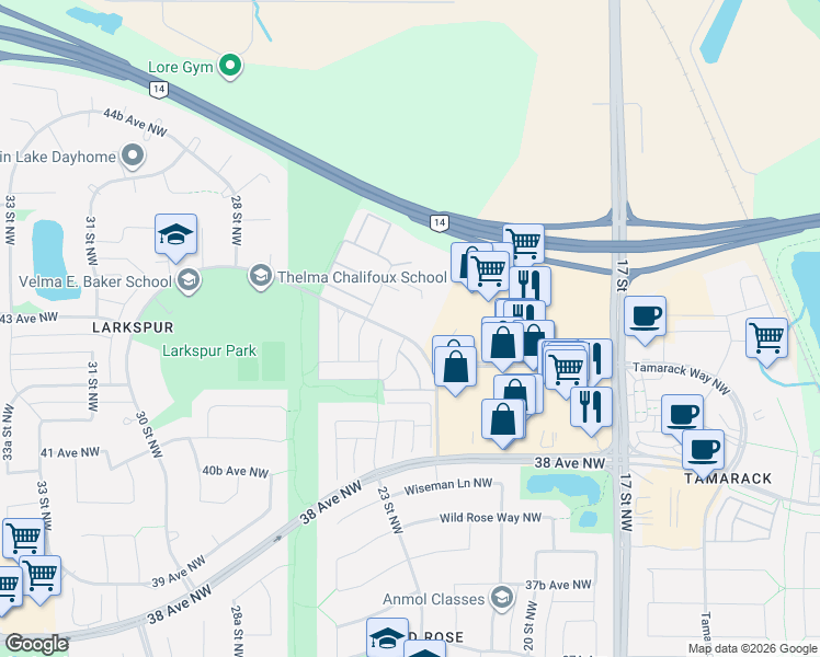 map of restaurants, bars, coffee shops, grocery stores, and more near 4263 23 Street Northwest in Edmonton