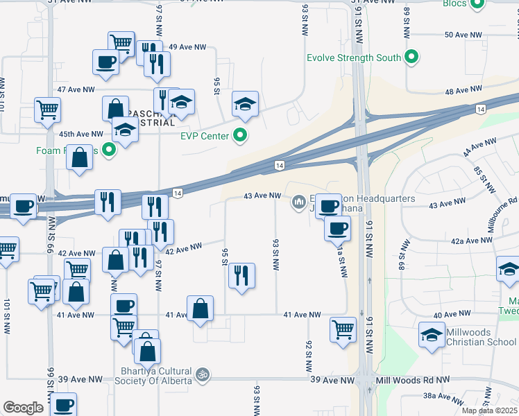 map of restaurants, bars, coffee shops, grocery stores, and more near 4296 93 Street Northwest in Edmonton