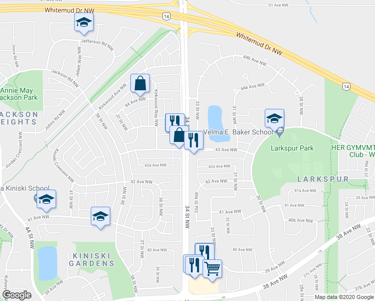 map of restaurants, bars, coffee shops, grocery stores, and more near 43 Avenue Northwest in Edmonton
