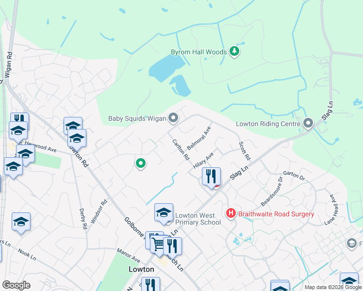 map of restaurants, bars, coffee shops, grocery stores, and more near Carlton Road in Lowton