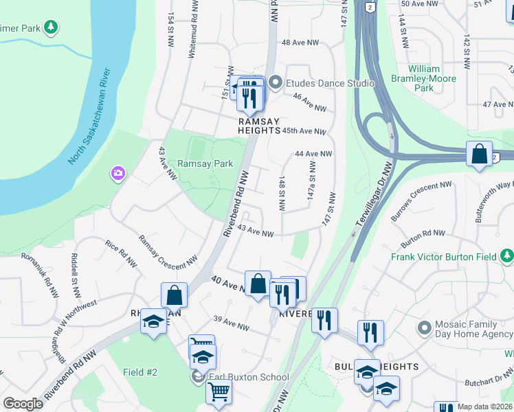 map of restaurants, bars, coffee shops, grocery stores, and more near 4331 Riverbend Road Northwest in Edmonton