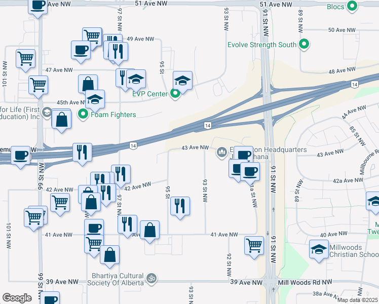 map of restaurants, bars, coffee shops, grocery stores, and more near 4296 93 Street Northwest in Edmonton