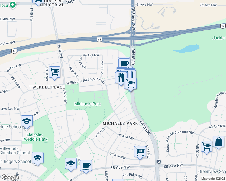 map of restaurants, bars, coffee shops, grocery stores, and more near in Edmonton