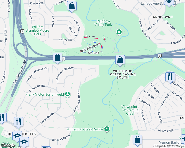 map of restaurants, bars, coffee shops, grocery stores, and more near 7 Butterworth Point Northwest in Edmonton