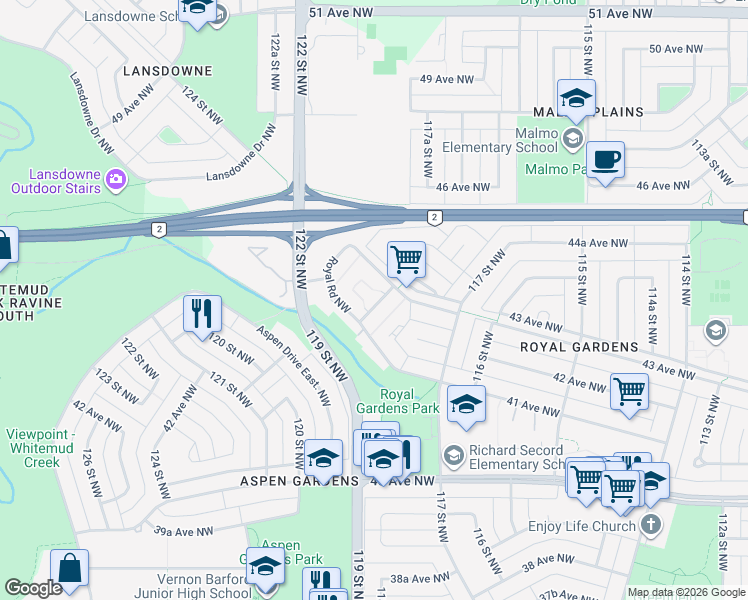 map of restaurants, bars, coffee shops, grocery stores, and more near 216 Crown Road Northwest in Edmonton