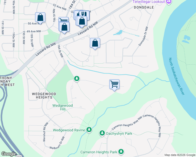 map of restaurants, bars, coffee shops, grocery stores, and more near 12 Wedgewood Crescent Northwest in Edmonton