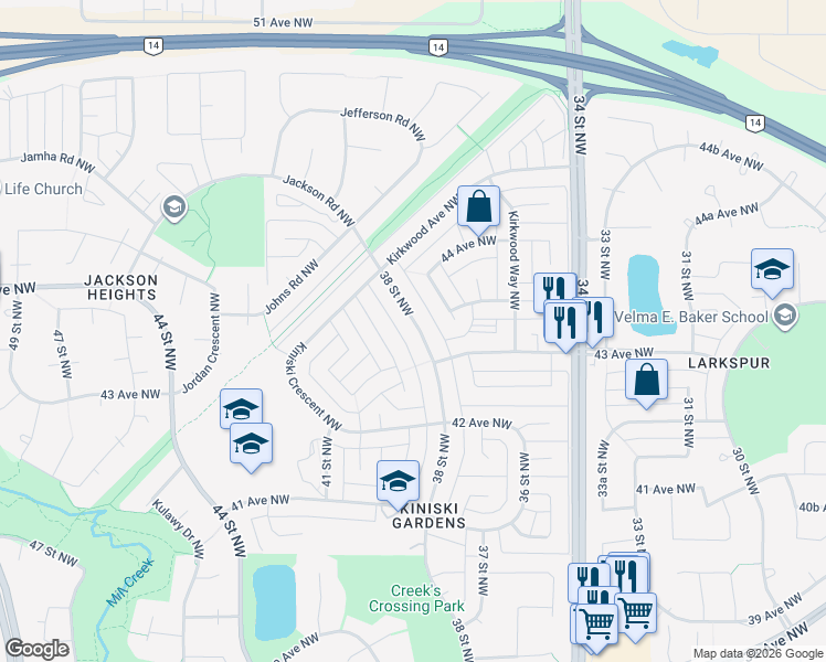 map of restaurants, bars, coffee shops, grocery stores, and more near 4320 38 Street Northwest in Edmonton