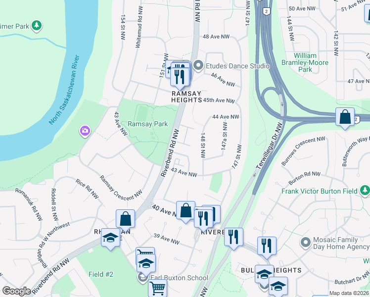 map of restaurants, bars, coffee shops, grocery stores, and more near 4331 Riverbend Road Northwest in Edmonton
