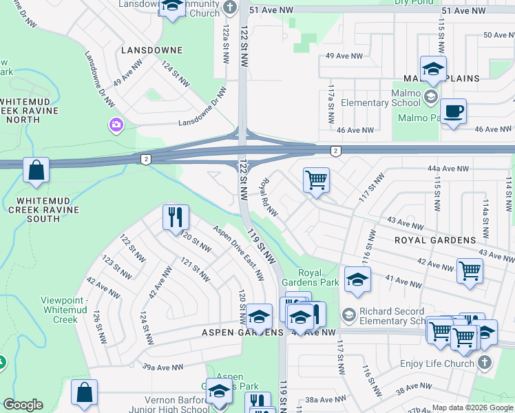 map of restaurants, bars, coffee shops, grocery stores, and more near 1 Royal Road Northwest in Edmonton