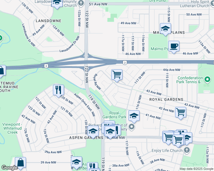 map of restaurants, bars, coffee shops, grocery stores, and more near 222-216 Crown Road Northwest in Edmonton
