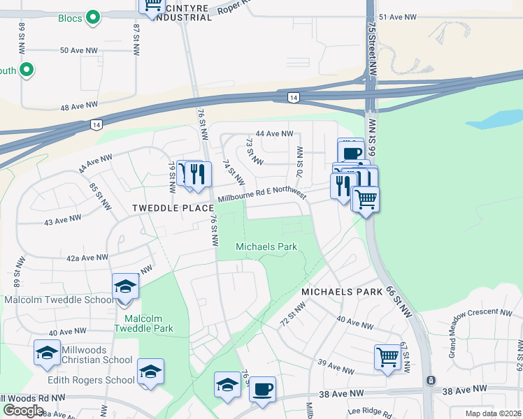 map of restaurants, bars, coffee shops, grocery stores, and more near 1118 Millbourne Road East Northwest in Edmonton