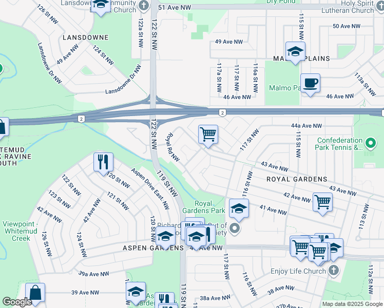 map of restaurants, bars, coffee shops, grocery stores, and more near 216 Crown Road Northwest in Edmonton