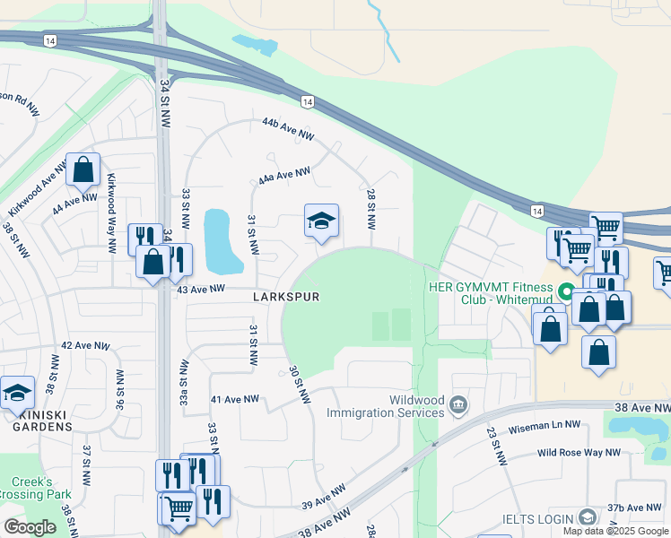 map of restaurants, bars, coffee shops, grocery stores, and more near 2845 43A Avenue Northwest in Edmonton