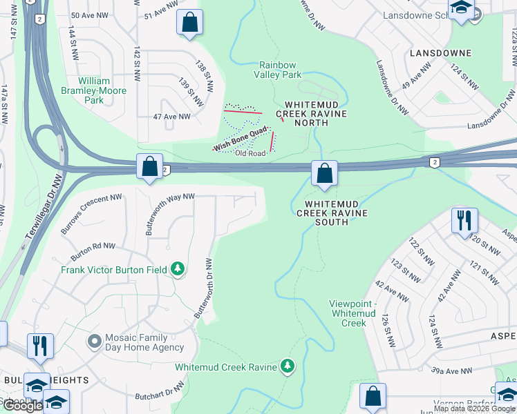 map of restaurants, bars, coffee shops, grocery stores, and more near 9 Butterworth Point Northwest in Edmonton