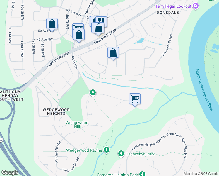 map of restaurants, bars, coffee shops, grocery stores, and more near 12 Wedgewood Crescent Northwest in Edmonton