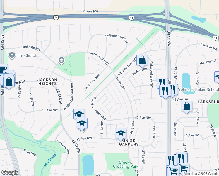 map of restaurants, bars, coffee shops, grocery stores, and more near 308 Kirkpatrick Crescent Northwest in Edmonton