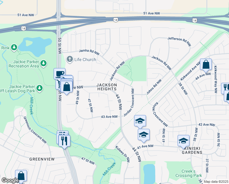 map of restaurants, bars, coffee shops, grocery stores, and more near 44 Avenue Northwest in Edmonton