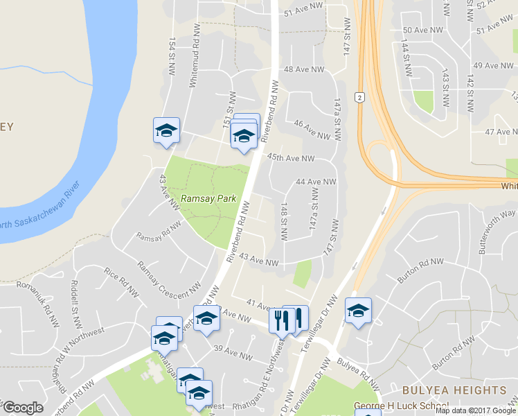 map of restaurants, bars, coffee shops, grocery stores, and more near 4331 Riverbend Road Northwest in Edmonton