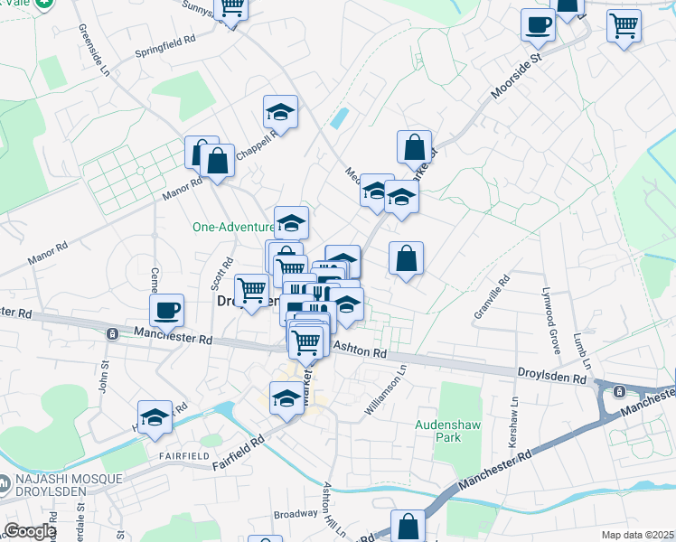 map of restaurants, bars, coffee shops, grocery stores, and more near Market Street in Droylsden