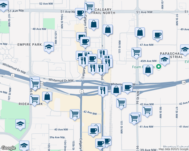 map of restaurants, bars, coffee shops, grocery stores, and more near 4404 Gateway Boulevard Northwest in Edmonton