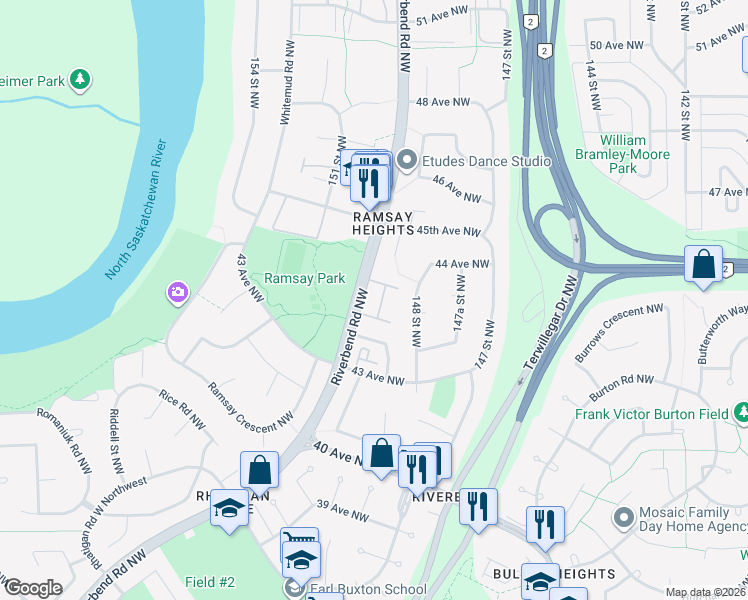 map of restaurants, bars, coffee shops, grocery stores, and more near 4331 Riverbend Road Northwest in Edmonton
