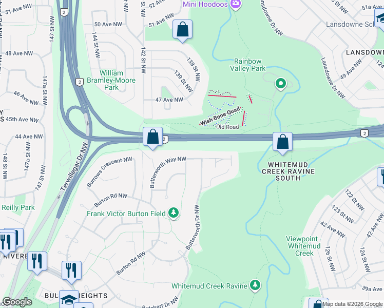 map of restaurants, bars, coffee shops, grocery stores, and more near 641 Butterworth Wynd Northwest in Edmonton