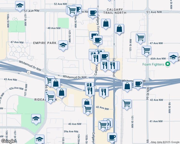 map of restaurants, bars, coffee shops, grocery stores, and more near 515 Huntington Hill Northwest in Edmonton