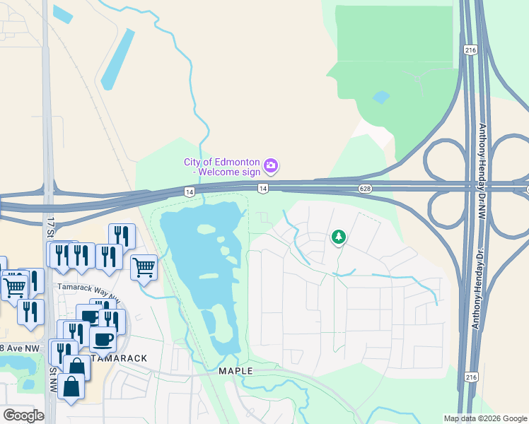 map of restaurants, bars, coffee shops, grocery stores, and more near 754 43A Avenue Northwest in Edmonton