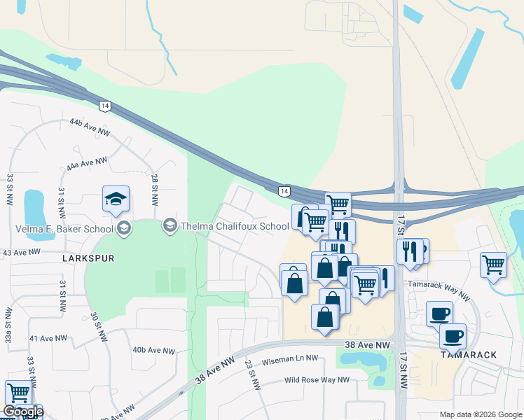 map of restaurants, bars, coffee shops, grocery stores, and more near 4350 23 Street Northwest in Edmonton