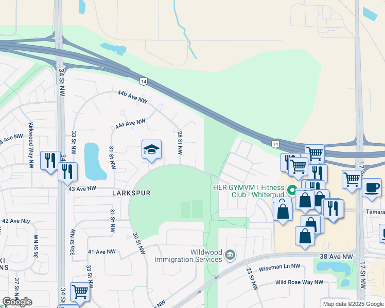 map of restaurants, bars, coffee shops, grocery stores, and more near 4332 27 Street Northwest in Edmonton