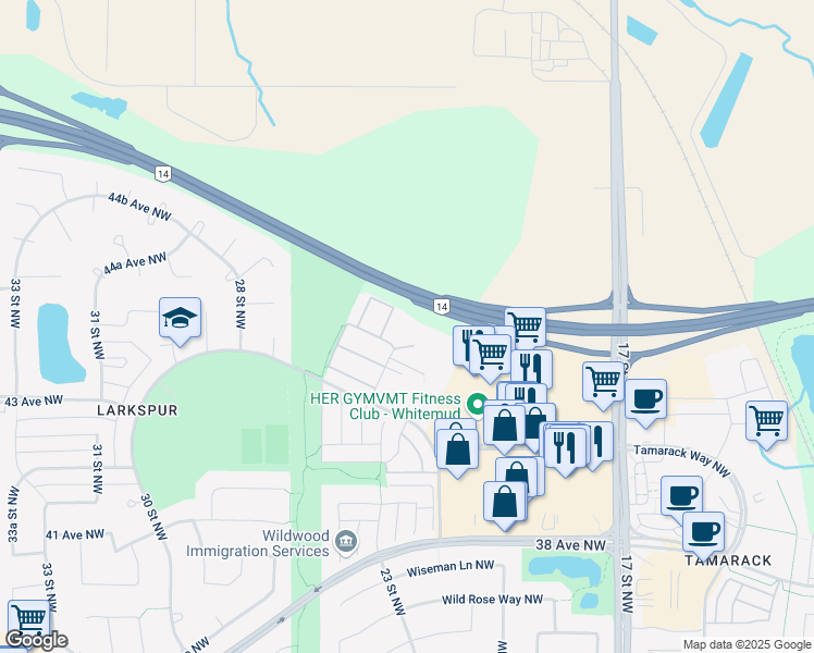 map of restaurants, bars, coffee shops, grocery stores, and more near 4350 23 Street Northwest in Edmonton