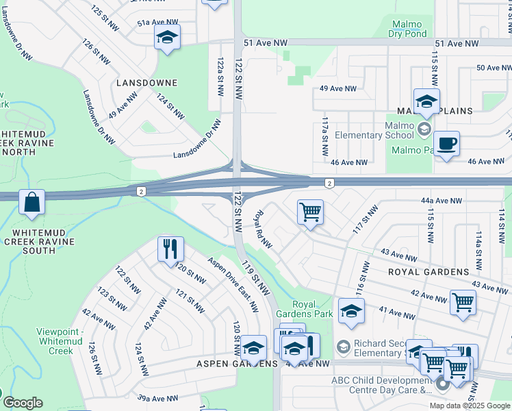 map of restaurants, bars, coffee shops, grocery stores, and more near 145 C Royal Road Northwest in Edmonton