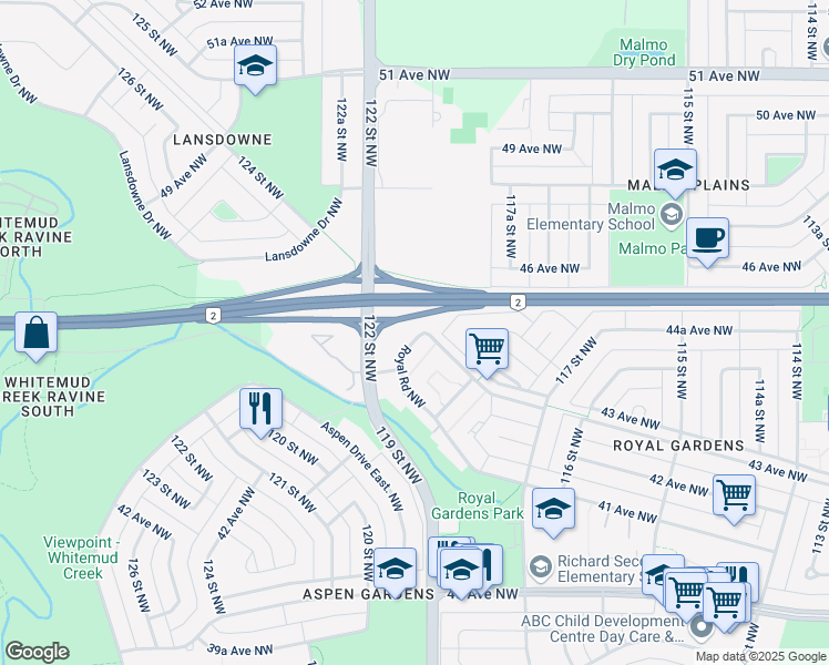 map of restaurants, bars, coffee shops, grocery stores, and more near 145 C Royal Road Northwest in Edmonton