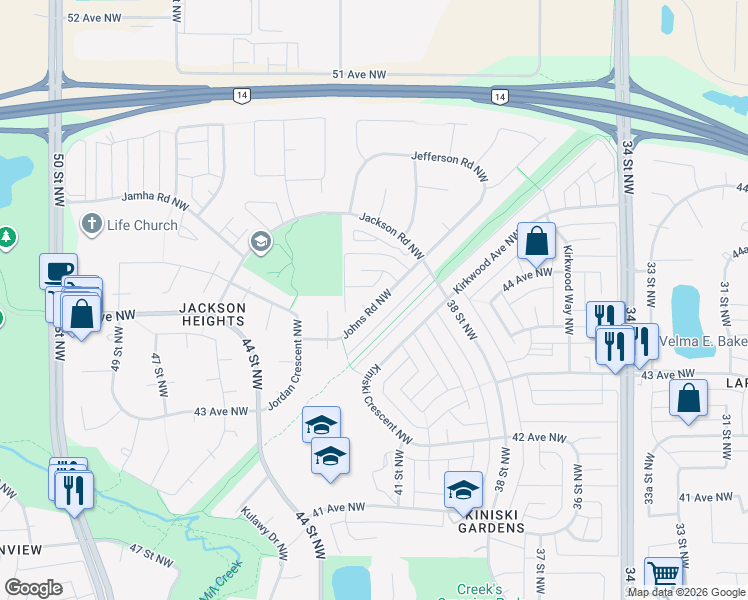map of restaurants, bars, coffee shops, grocery stores, and more near 734 Johns Road Northwest in Edmonton