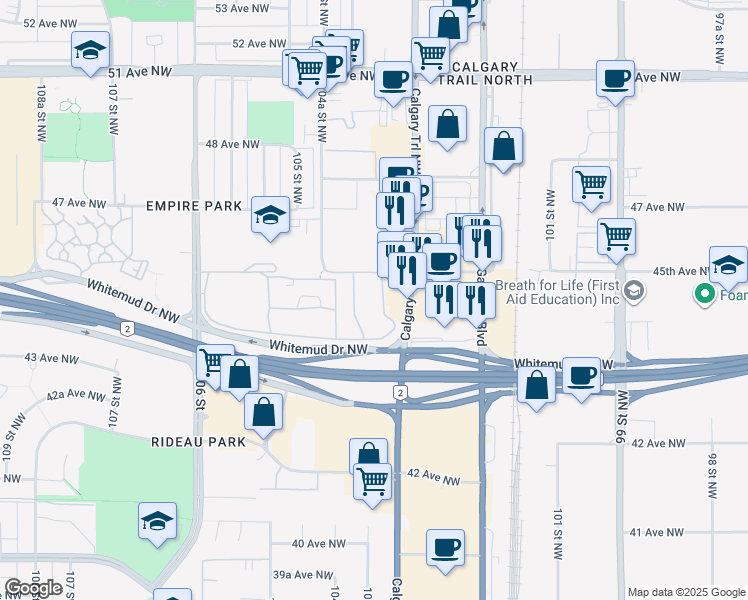 map of restaurants, bars, coffee shops, grocery stores, and more near 4420 Calgary Trail Northwest in Edmonton