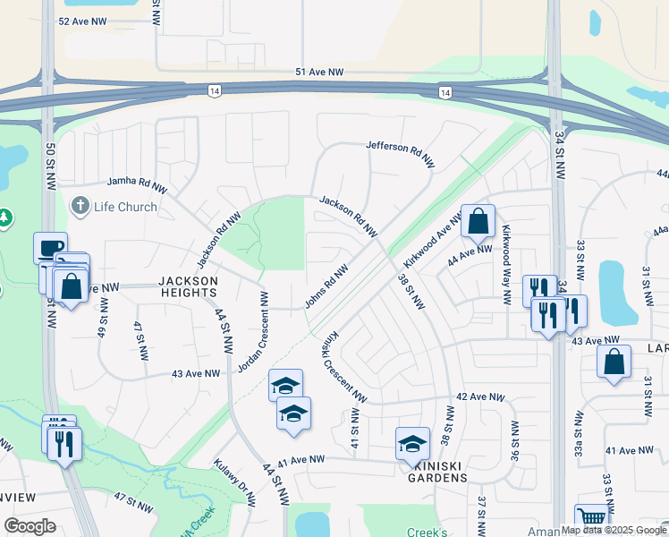 map of restaurants, bars, coffee shops, grocery stores, and more near 734 Johns Road Northwest in Edmonton