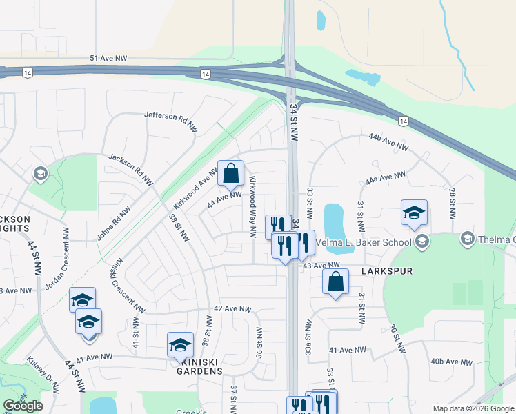 map of restaurants, bars, coffee shops, grocery stores, and more near 121 Kirkwood Way Northwest in Edmonton
