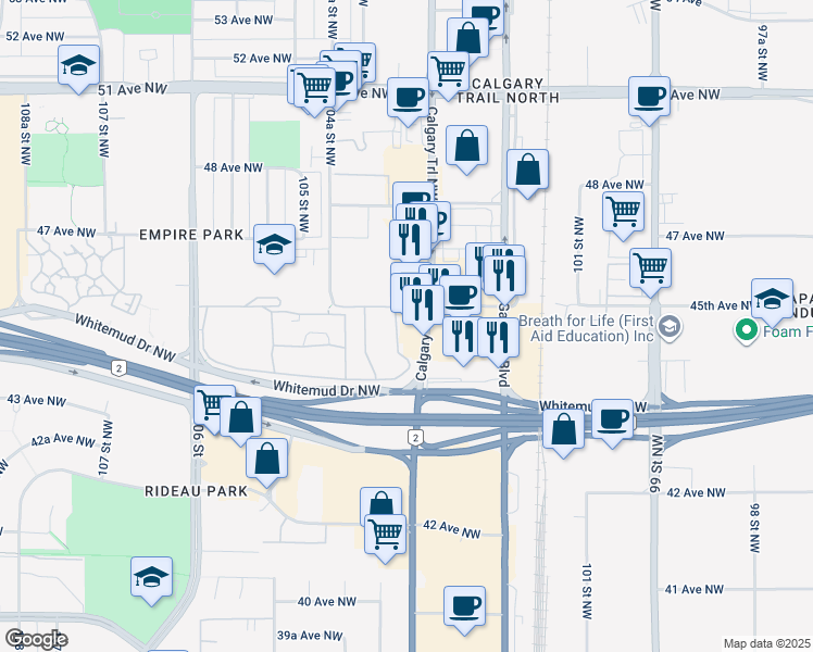 map of restaurants, bars, coffee shops, grocery stores, and more near 4420 Calgary Trail Northwest in Edmonton