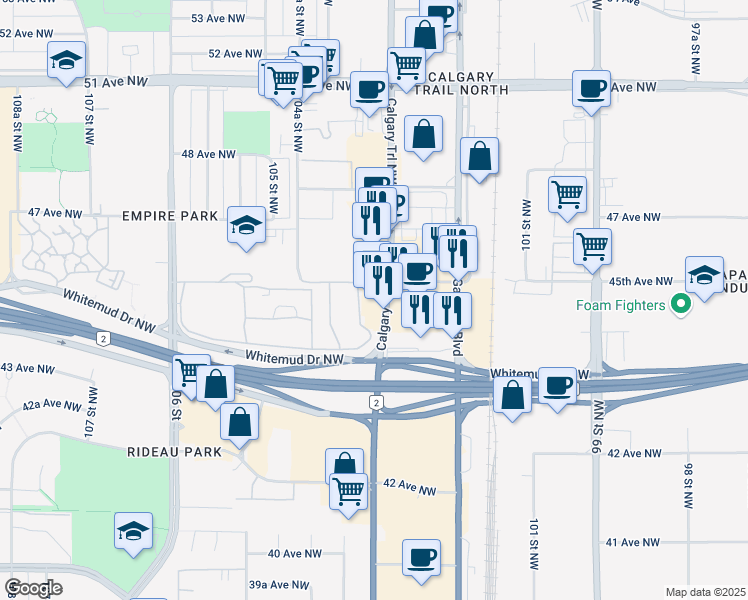 map of restaurants, bars, coffee shops, grocery stores, and more near 4420 Calgary Trail Northwest in Edmonton