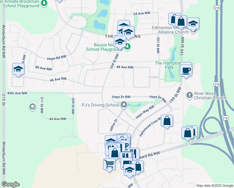 map of restaurants, bars, coffee shops, grocery stores, and more near 1198 Hays Drive Northwest in Edmonton