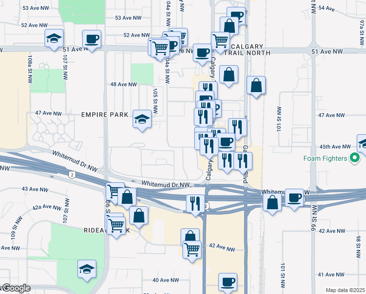 map of restaurants, bars, coffee shops, grocery stores, and more near Huntington Hill Northwest in Edmonton