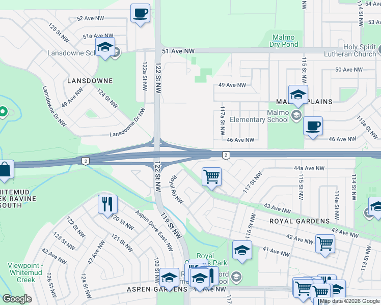 map of restaurants, bars, coffee shops, grocery stores, and more near Whitemud Drive Northwest in Edmonton