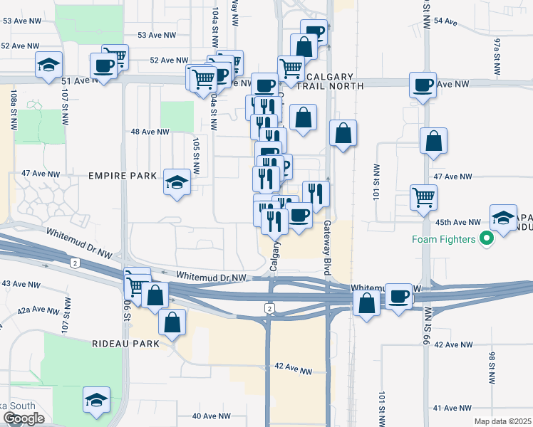 map of restaurants, bars, coffee shops, grocery stores, and more near 4532 Calgary Trail Northwest in Edmonton
