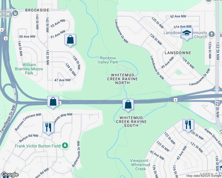 map of restaurants, bars, coffee shops, grocery stores, and more near 13204 Rainbow Valley Road Northwest in Edmonton