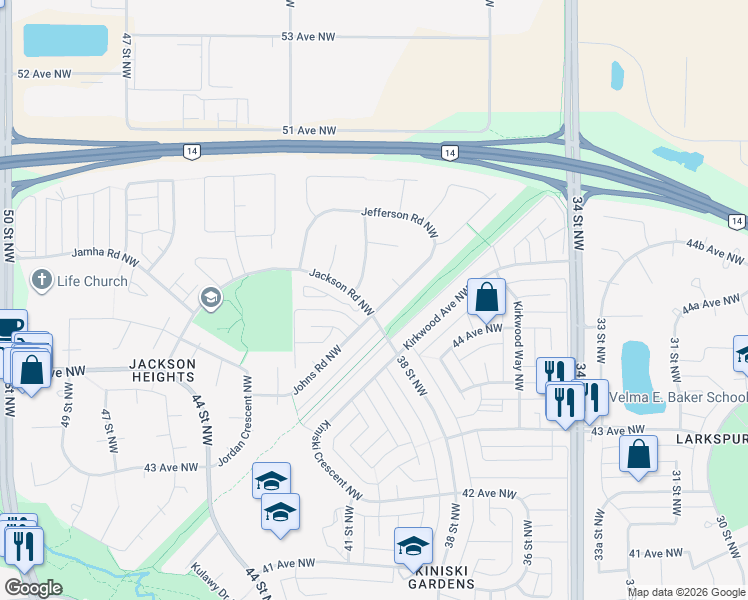 map of restaurants, bars, coffee shops, grocery stores, and more near 503 Jellett Way Northwest in Edmonton