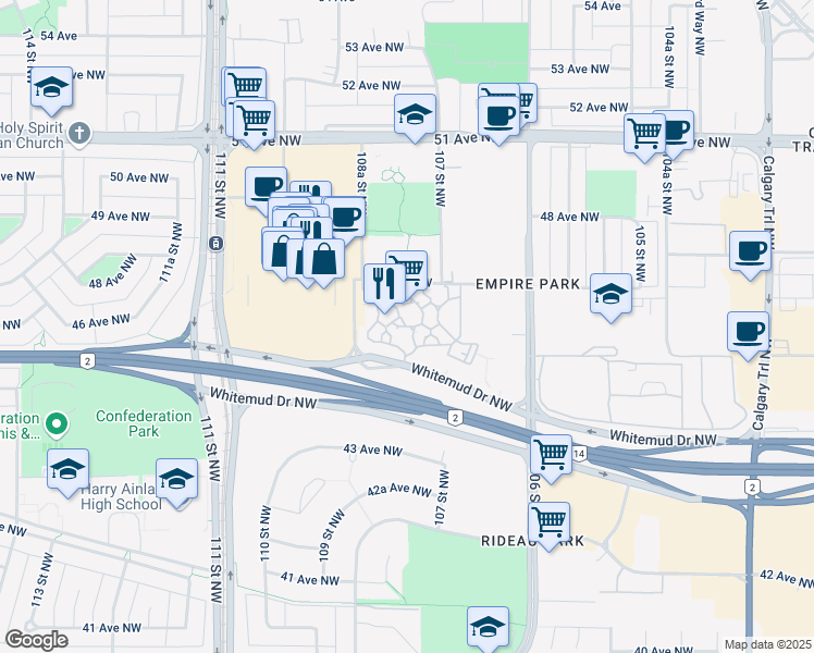 map of restaurants, bars, coffee shops, grocery stores, and more near 10711 47 Avenue Northwest in Edmonton
