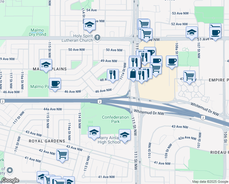 map of restaurants, bars, coffee shops, grocery stores, and more near 4612 111A Street Northwest in Edmonton