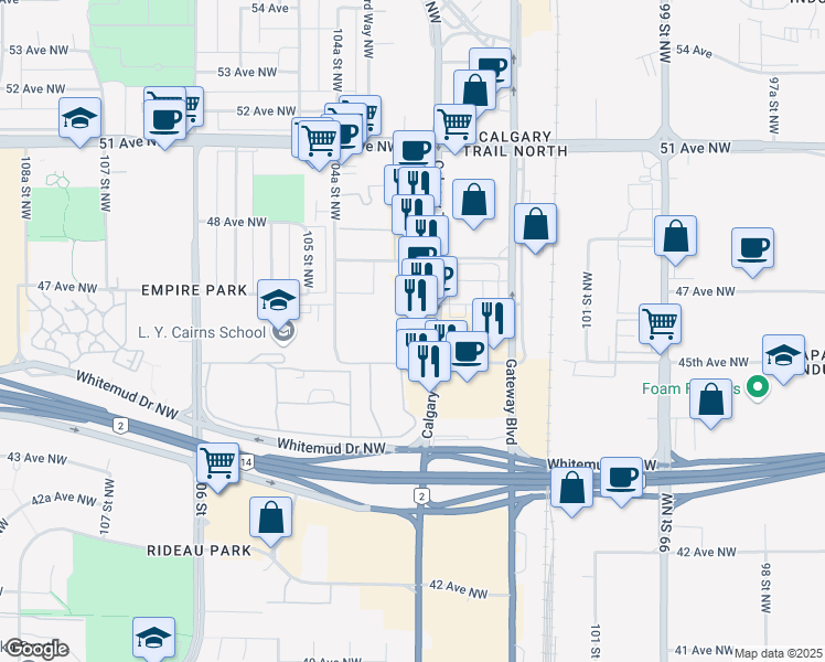 map of restaurants, bars, coffee shops, grocery stores, and more near 4532 Calgary Trail Northwest in Edmonton
